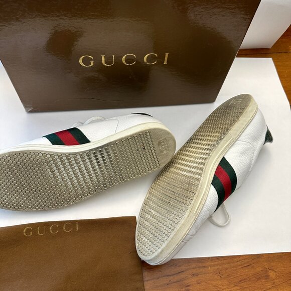 GUCCI- VINTAGE WHITE LEATHER SNEAKER-RED/GREEN STRIPES & GREEN LEATHER SIZE 38.5 - Picture 4 of 14